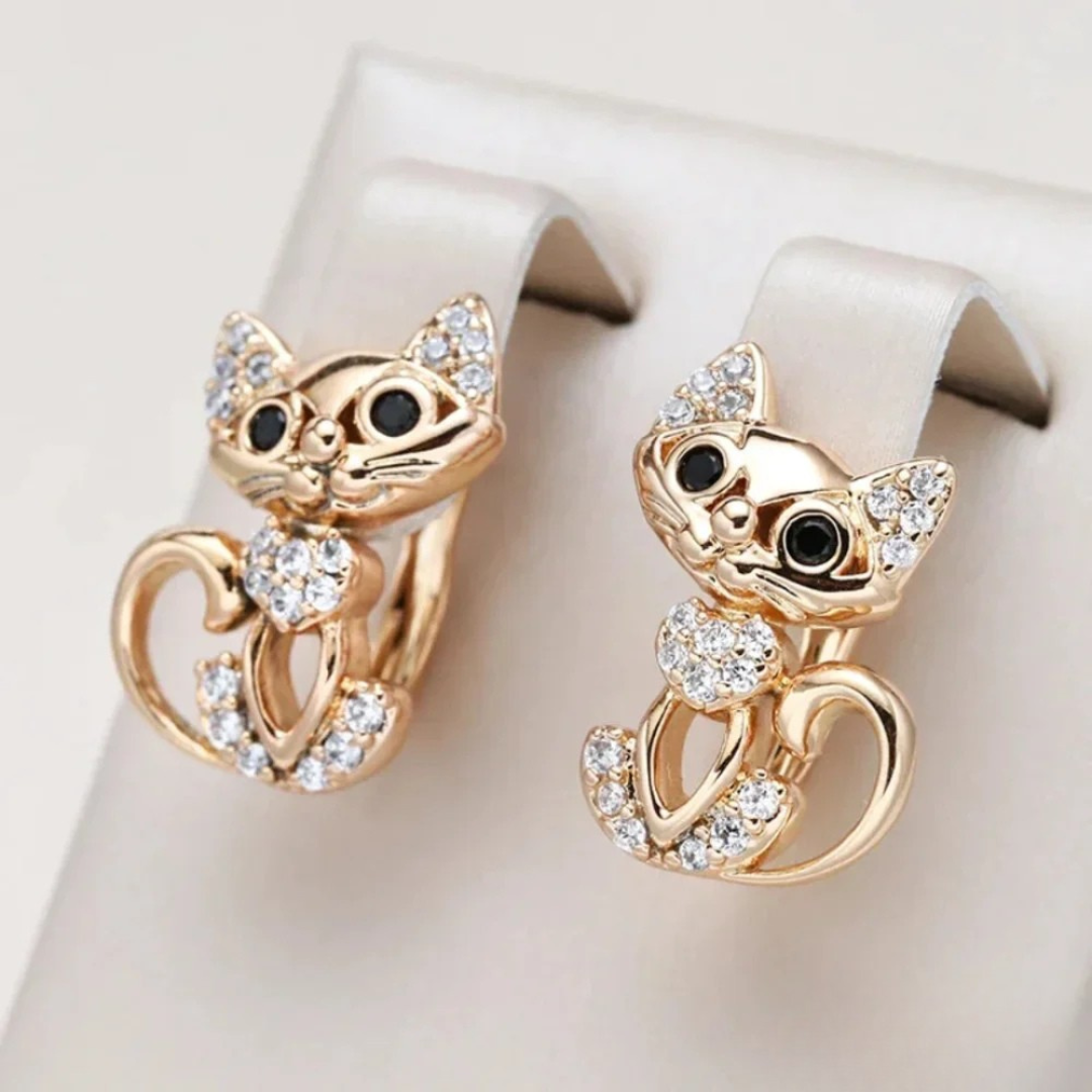 Gold Stud Earrings Aoife with Crystal Cat Motif