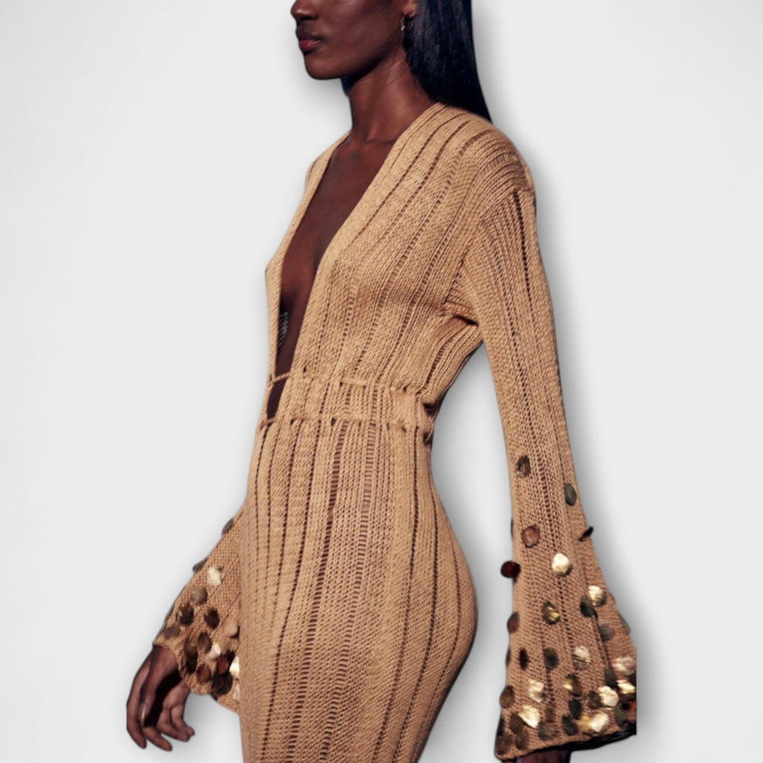 Kathleen - Goldenes Strick-Maxikleid