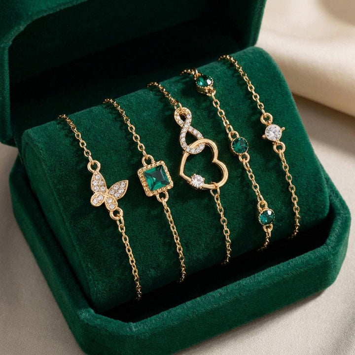 Gold Bracelet Set with Butterfly, Heart and Emerald
