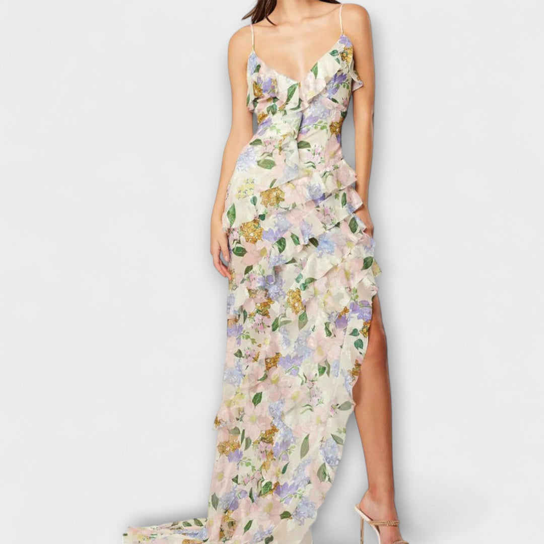 Indie - Buntes Maxikleid mit Blütendruck und Rüschen