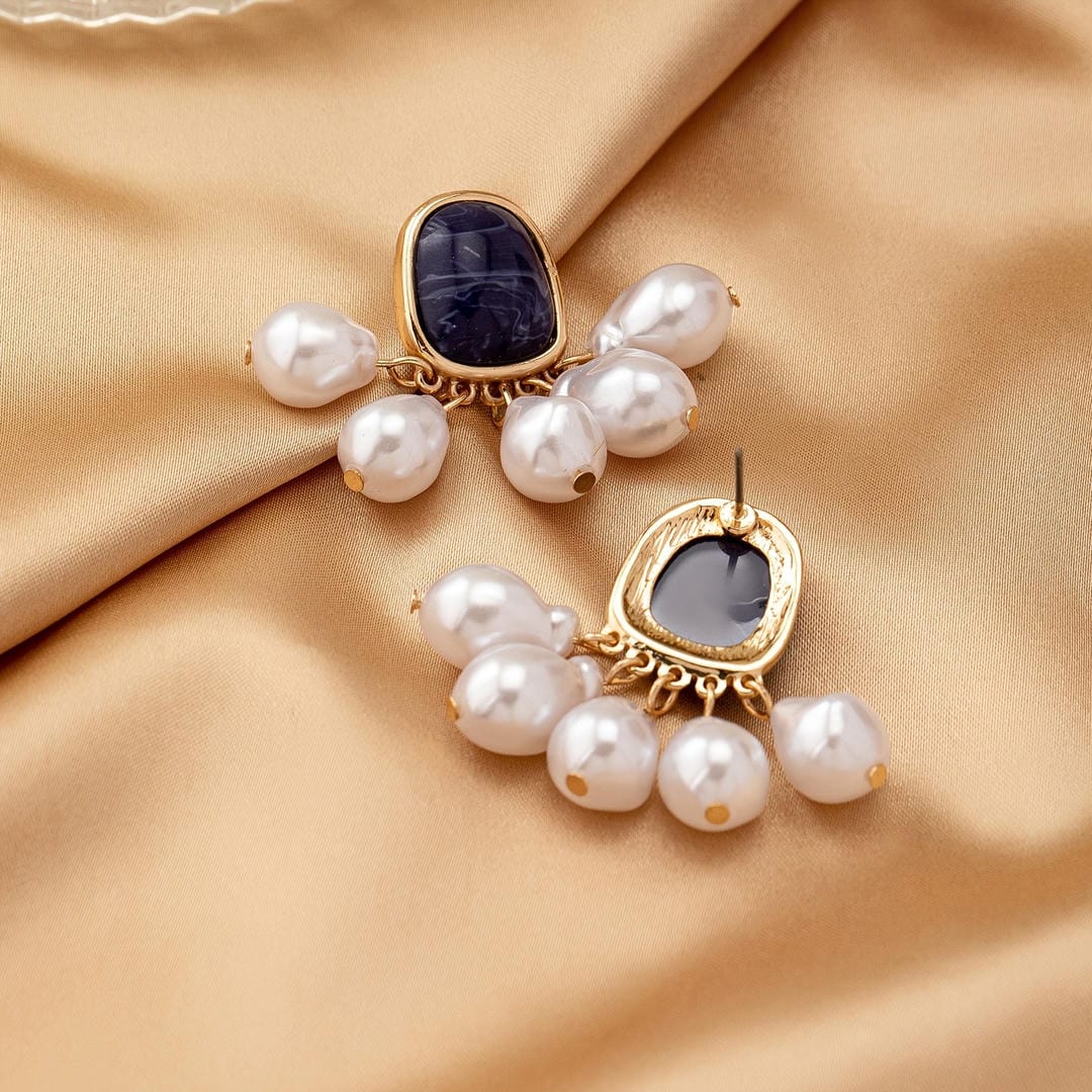 Gold Drop Earrings with Navy Cabochon and Pearl Fringe