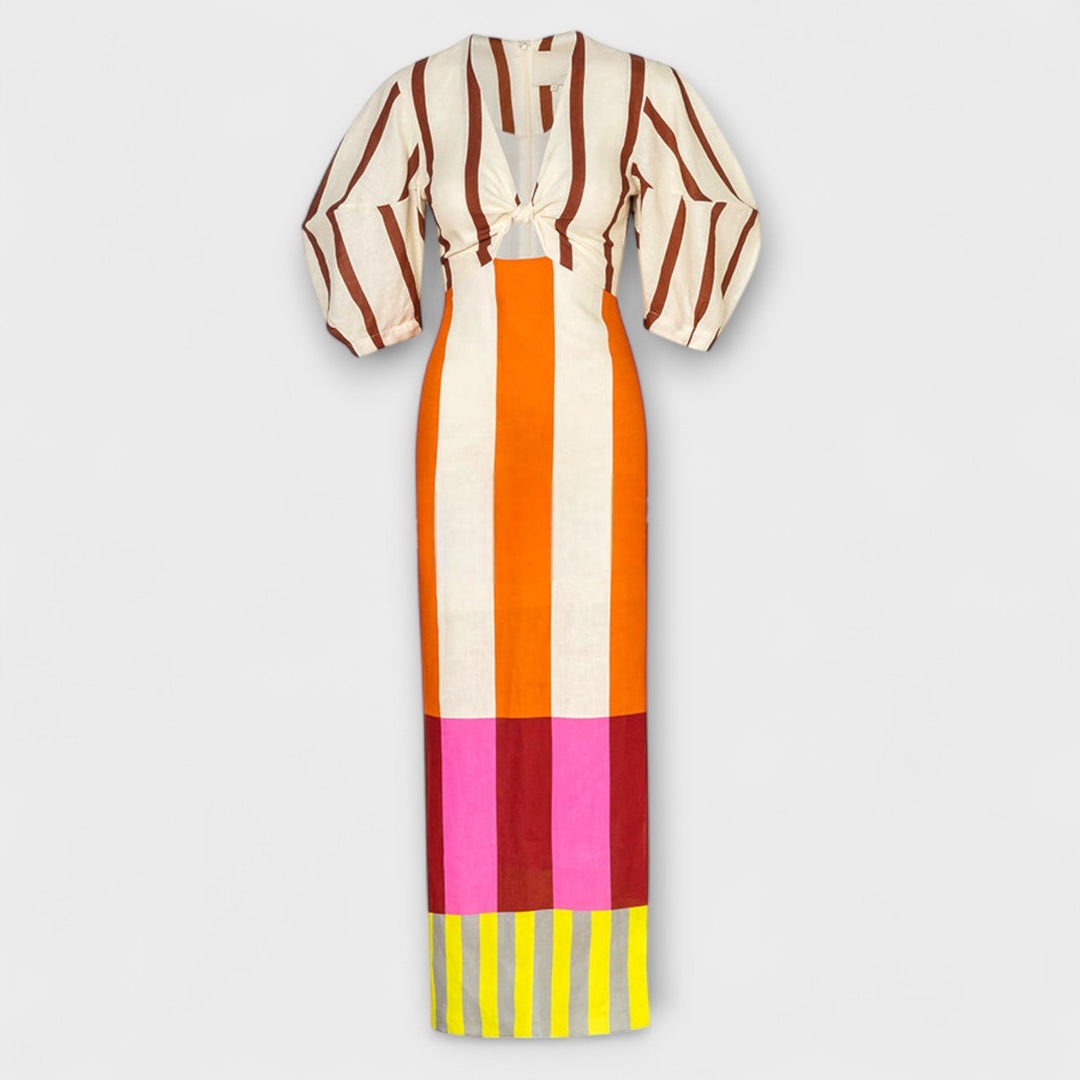 Kaya - Buntes Maxikleid mit Farbblock und Puffärmeln