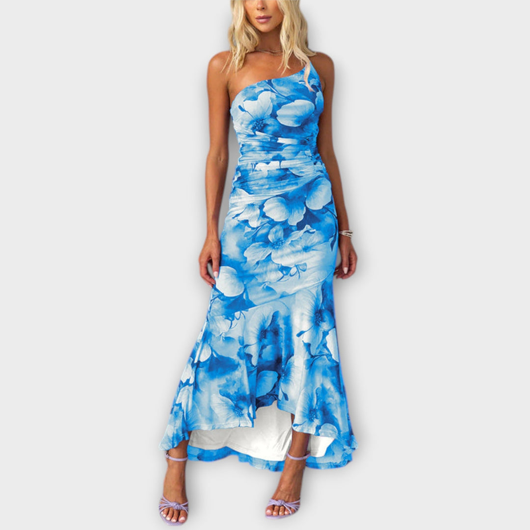 Pia - Lila Maxikleid mit Blütenmuster und Raffung