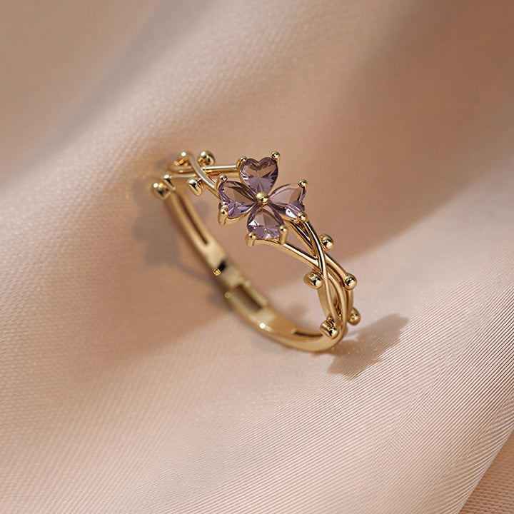 Gold Adjustable Ring Ciara with Amethyst Floral Motif