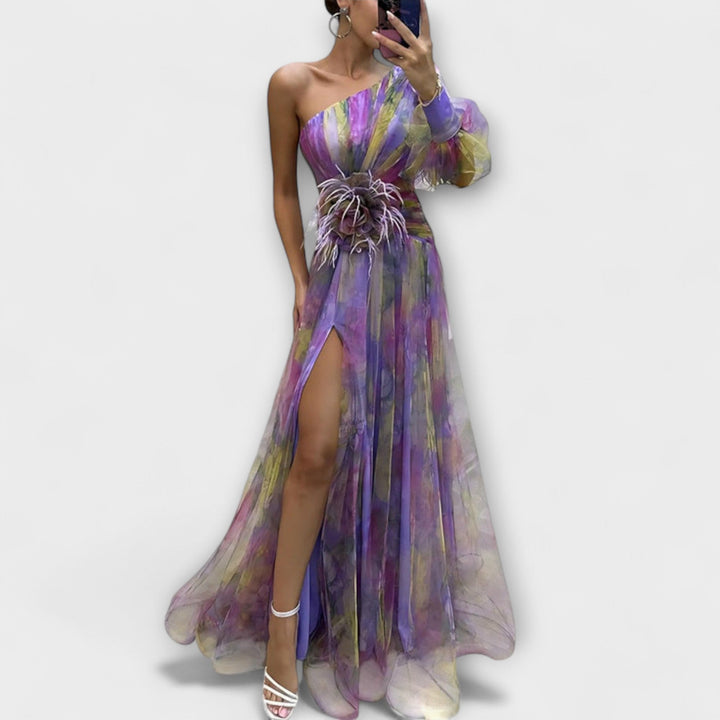 Minna - Lila asymmetrisches Maxikleid mit Print