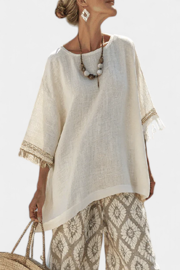 Eduarda - Cremefarbenes elegantes Boho-Chic-Set mit Ikat-Muster