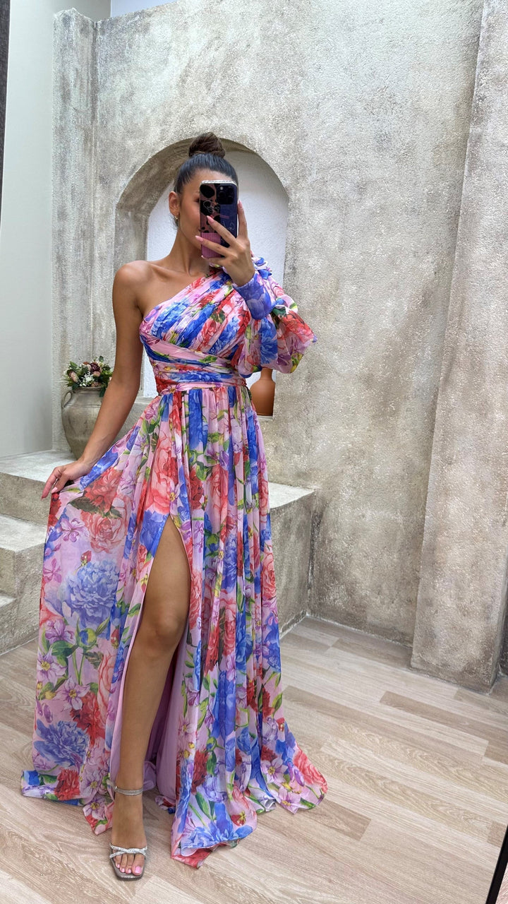 Whitney - Lila One-Shoulder-Maxikleid mit Blüten
