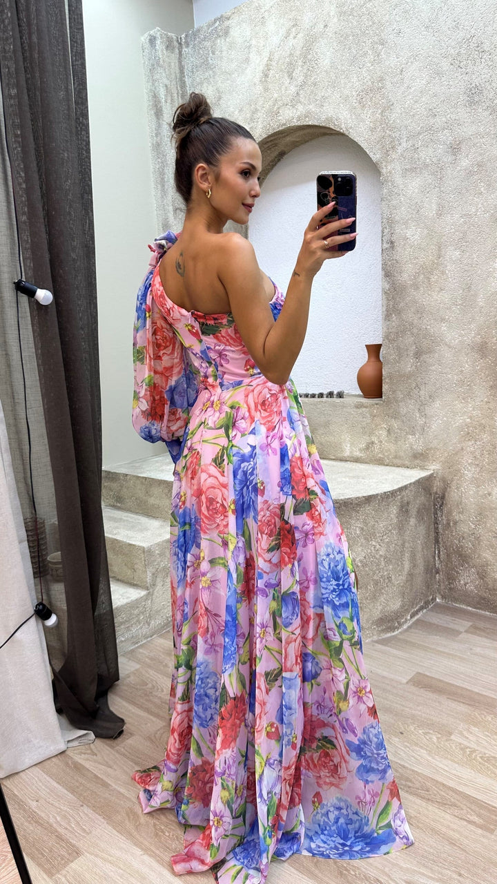 Whitney - Lila One-Shoulder-Maxikleid mit Blüten
