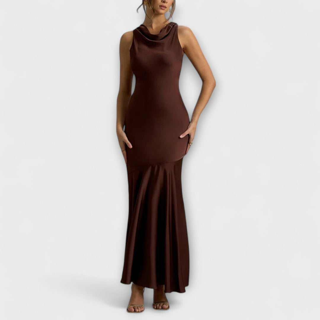 Lennon - Olivgrünes elegantes Satin-Maxikleid