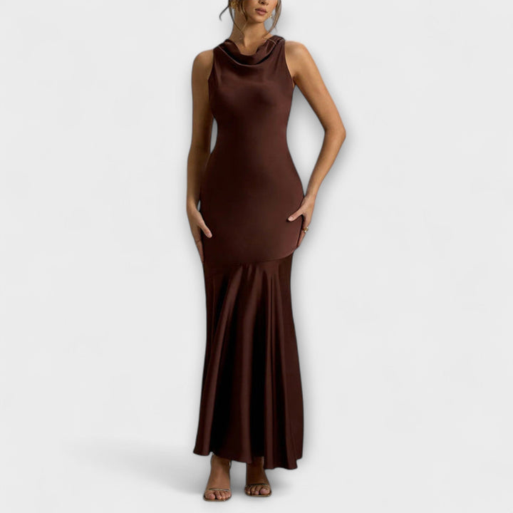 Lennon - Olivgrünes elegantes Satin-Maxikleid