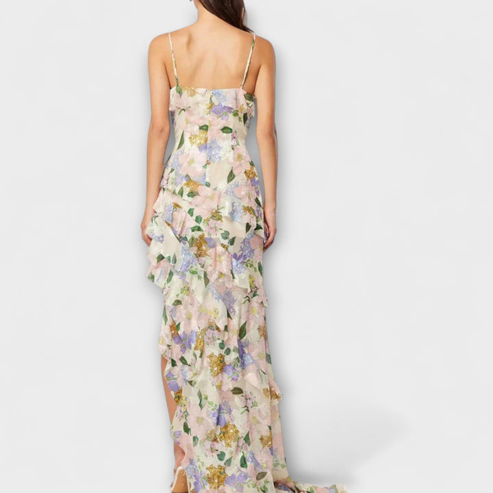 Indie - Buntes Maxikleid mit Blütendruck und Rüschen