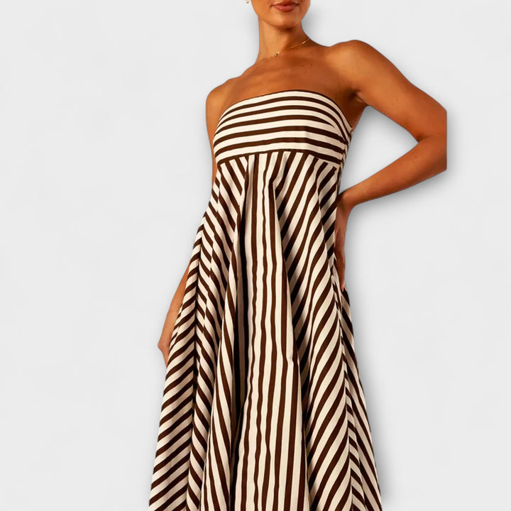 Beige-schwarzes gestreiftes Rüschen-Maxikleid