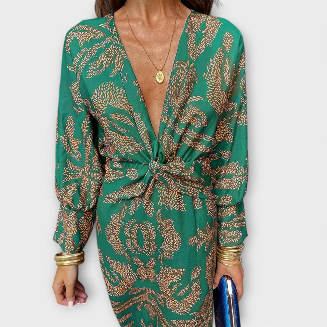 Oriana - Blaues Kleid mit goldenem Muster