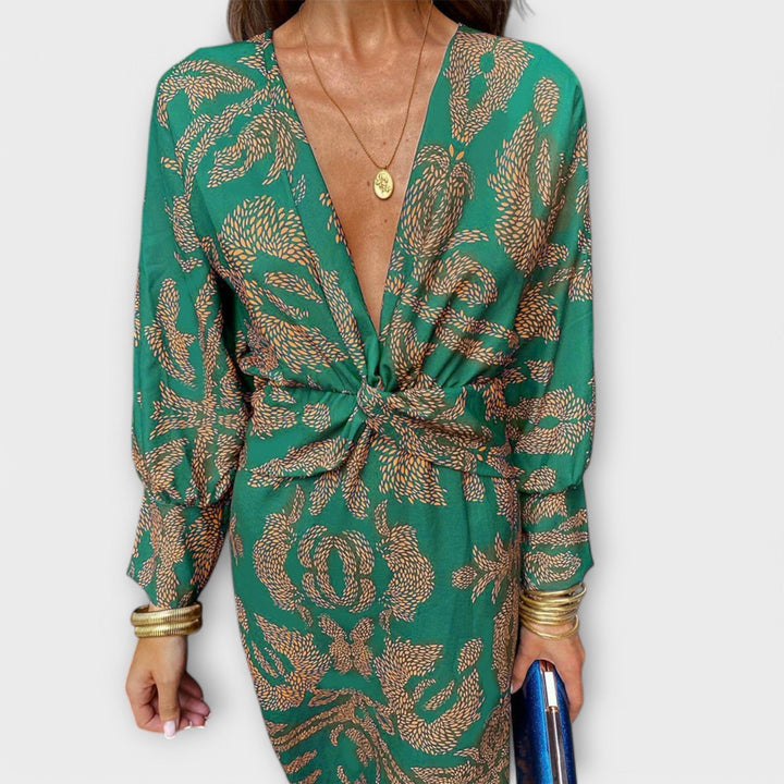 Oriana - Blaues Kleid mit goldenem Muster