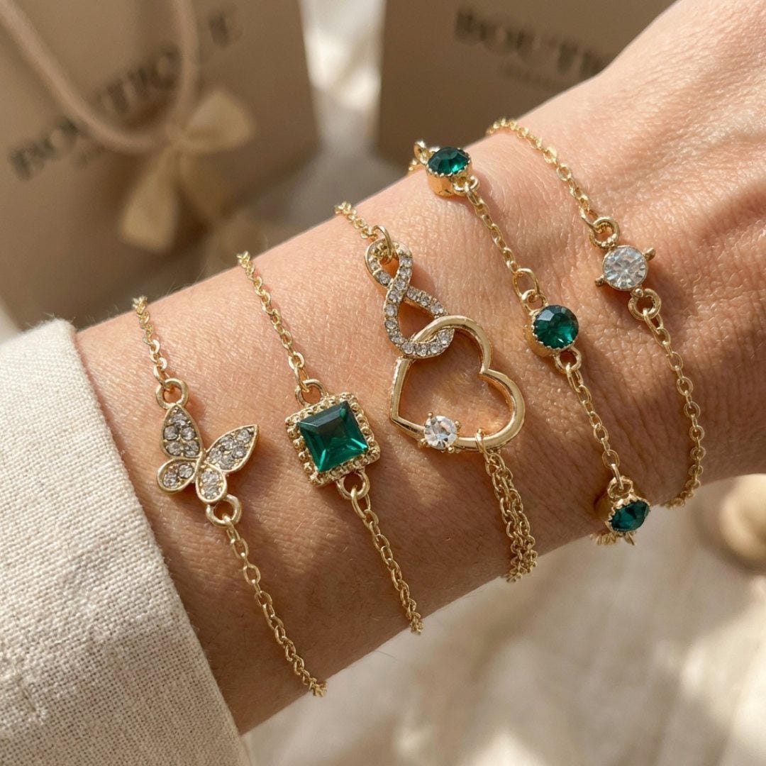 Gold Bracelet Set with Butterfly, Heart and Emerald