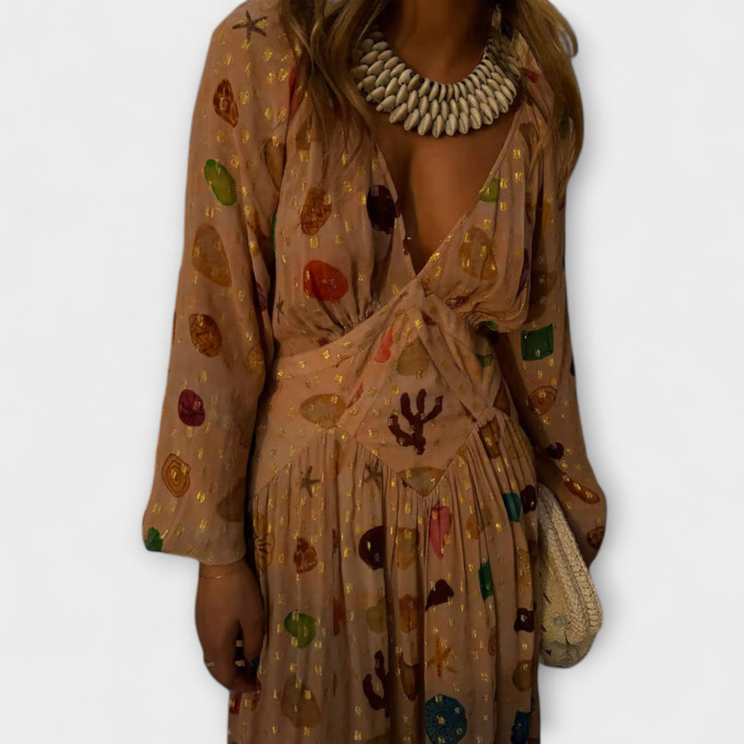 Lauren - Cremefarbenes Kleid mit buntem Tupfenmuster
