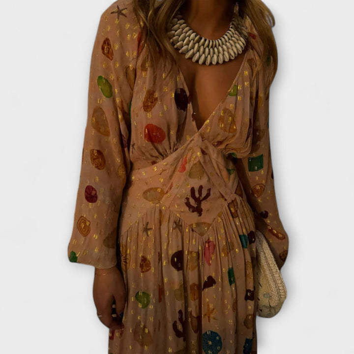Lauren - Cremefarbenes Kleid mit buntem Tupfenmuster