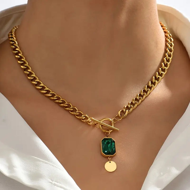 Gold Chain Necklace Treasa with Emerald and Coin