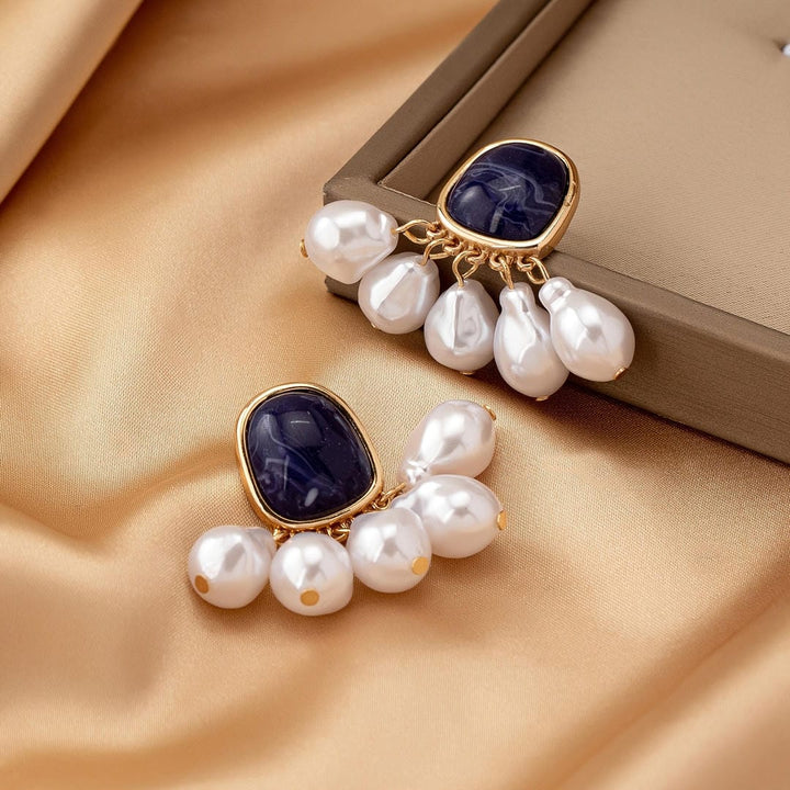 Gold Drop Earrings Darina with Blue Stone and Pearls