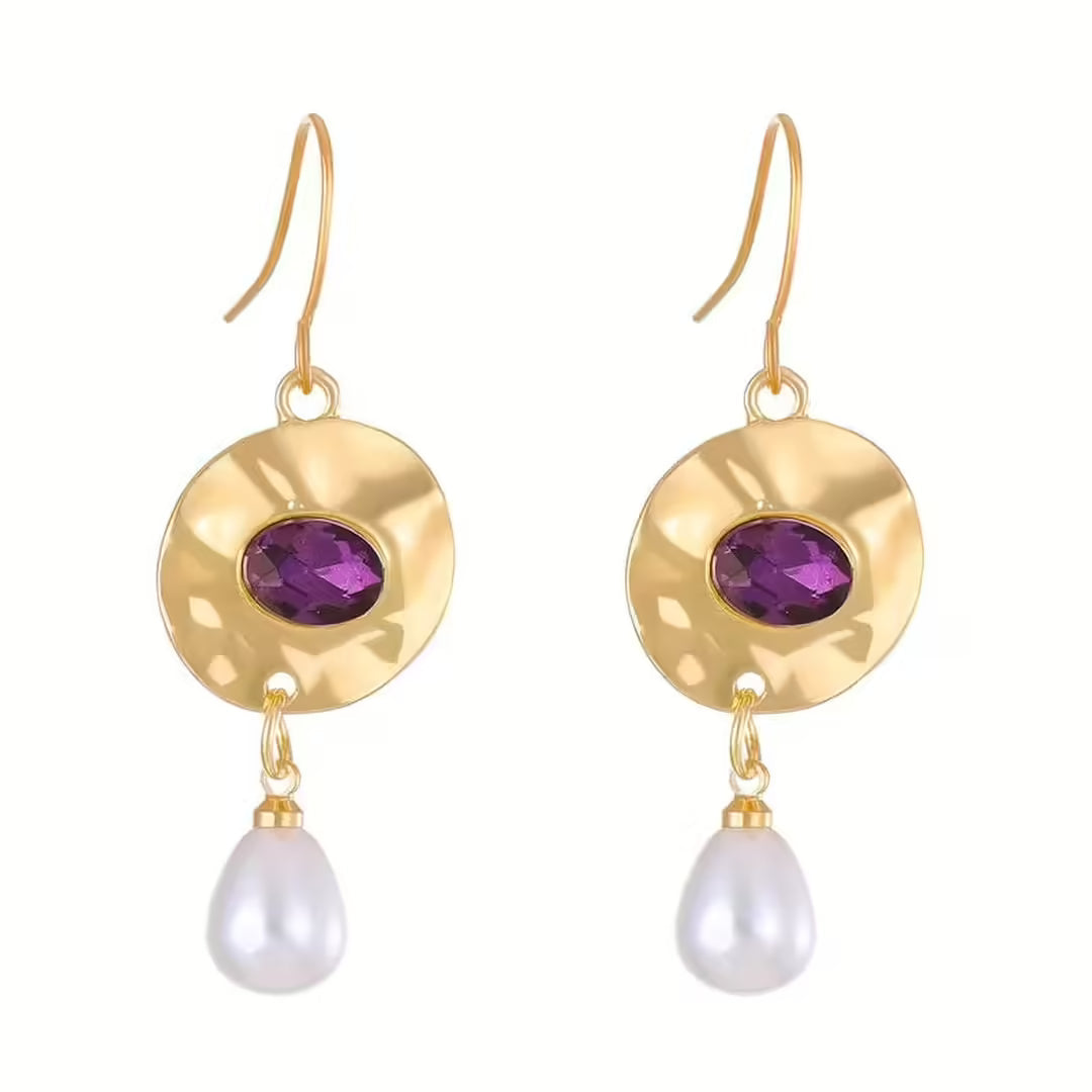 Gold Drop Earrings Dingle with Amethyst and Pearl