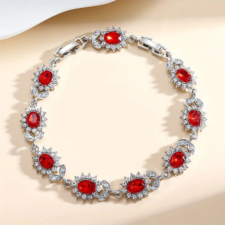 Silver Link Bracelet Gráinne with Ruby Flowers
