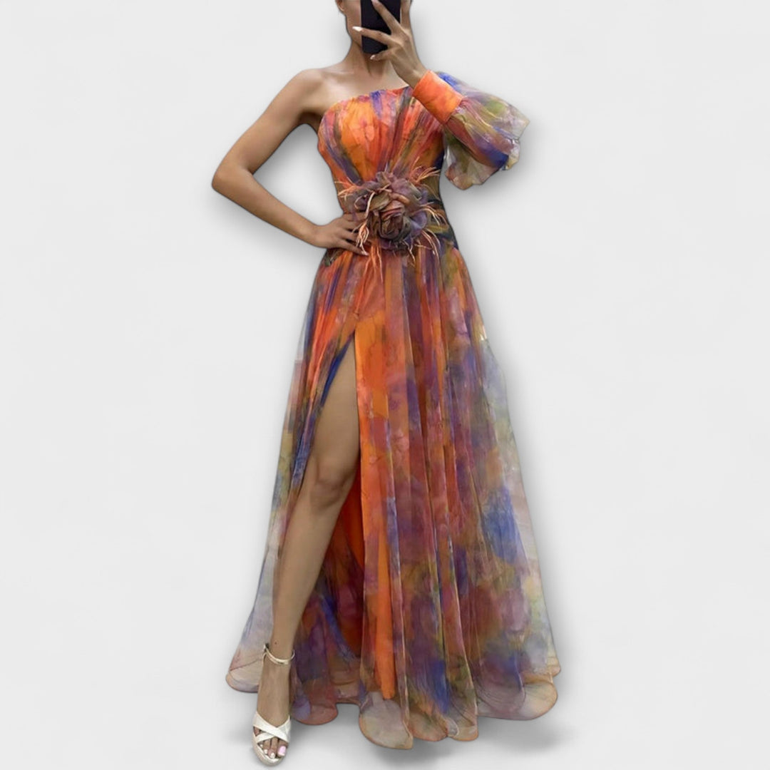 Minna - Lila asymmetrisches Maxikleid mit Print