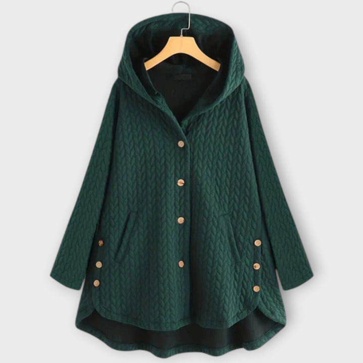 Leslie - Schwarze warme Button-Up-Jacke mit Kapuze