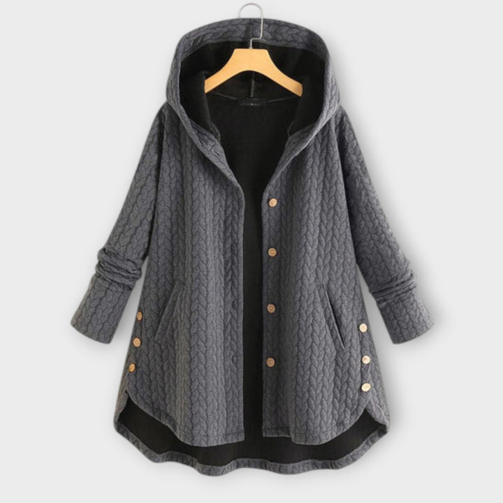 Leslie - Schwarze warme Button-Up-Jacke mit Kapuze