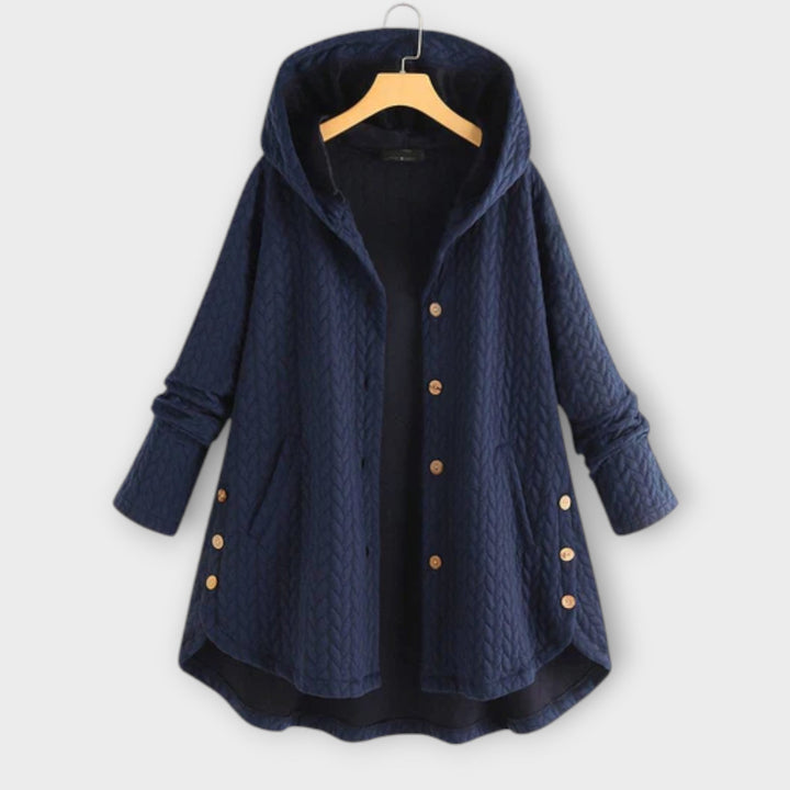 Leslie - Schwarze warme Button-Up-Jacke mit Kapuze