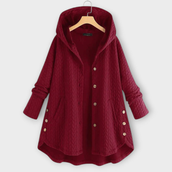Leslie - Schwarze warme Button-Up-Jacke mit Kapuze