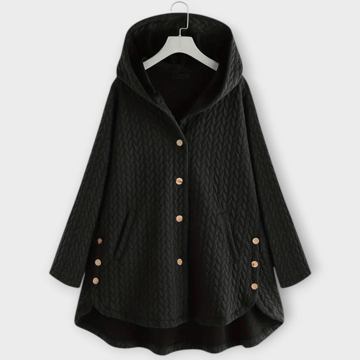 Leslie - Schwarze warme Button-Up-Jacke mit Kapuze