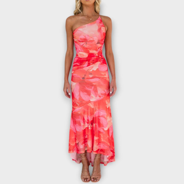 Pia - Lila Maxikleid mit Blütenmuster und Raffung
