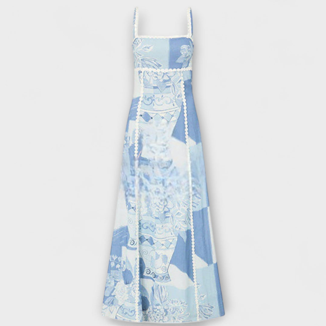Terazza - Blau-weisses Leinen-Maxikleid mit Print