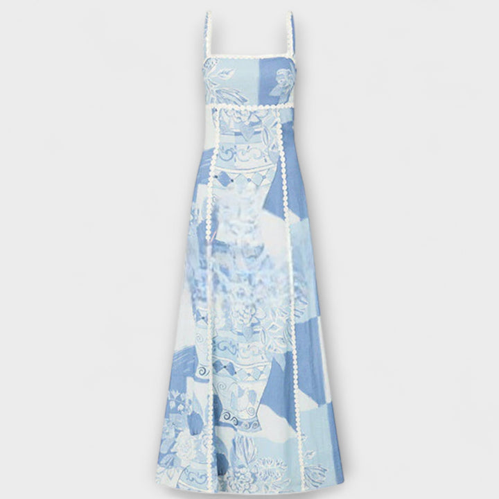 Terazza - Blau-weisses Leinen-Maxikleid mit Print