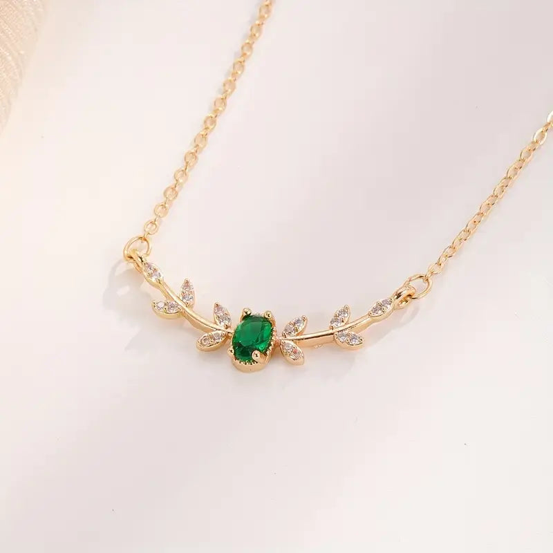 Gold Necklace Róisín with Emerald and Zirconia Leaves