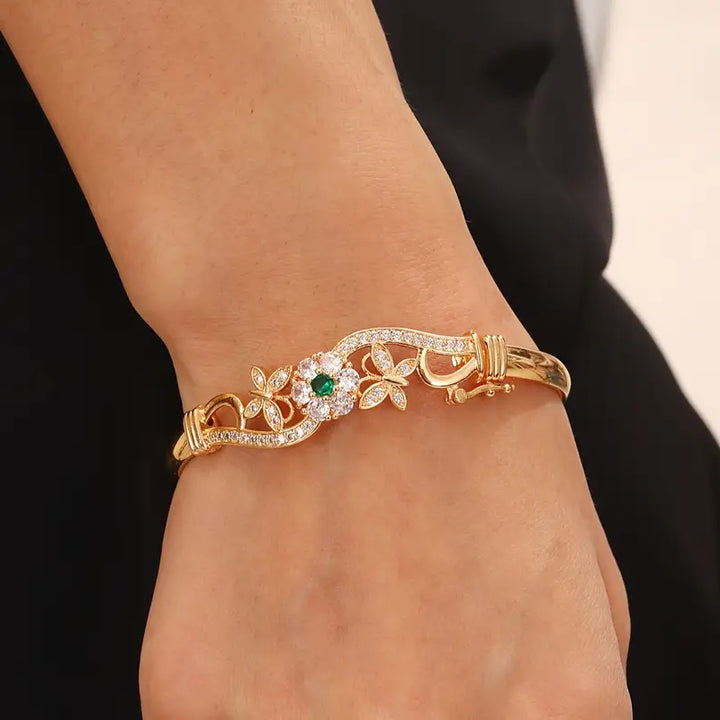 Gold Bangle Bracelet Gráinne with Emerald & Zirconia