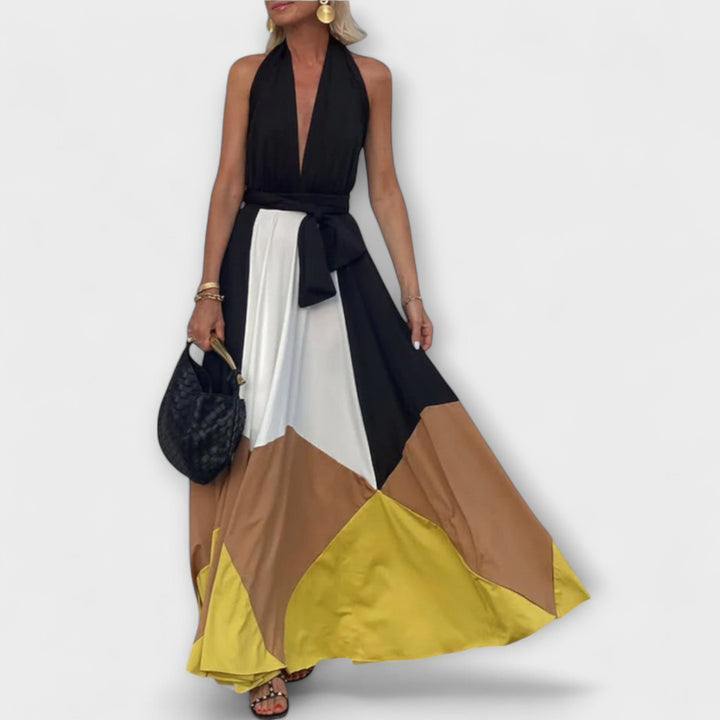Nava - Schwarz-cremes Maxikleid mit Farbblock
