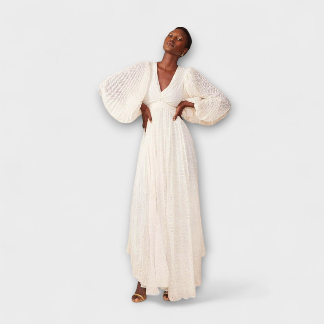 Elsa - Cremefarbenes Maxikleid mit Stickerei
