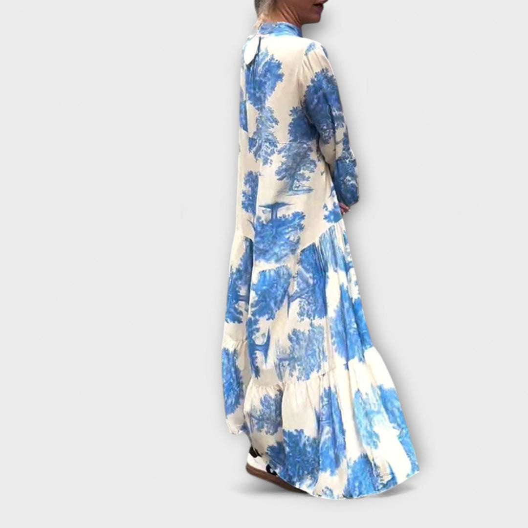 Nerina - Beiges Maxikleid mit Aquarellmuster