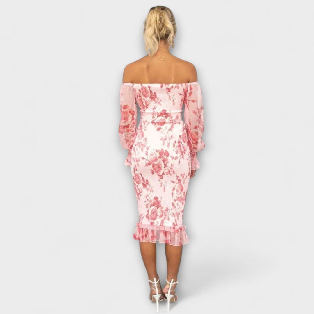 Dahlia - Rosa Off-Shoulder-Midikleid mit Blütenmuster
