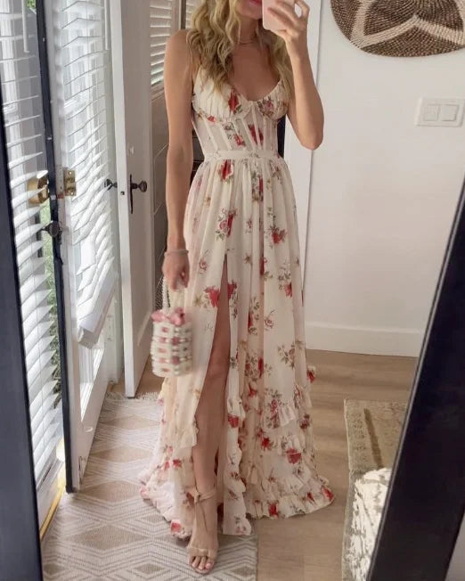 Sónia - Weisses Midikleid mit floralem Muster
