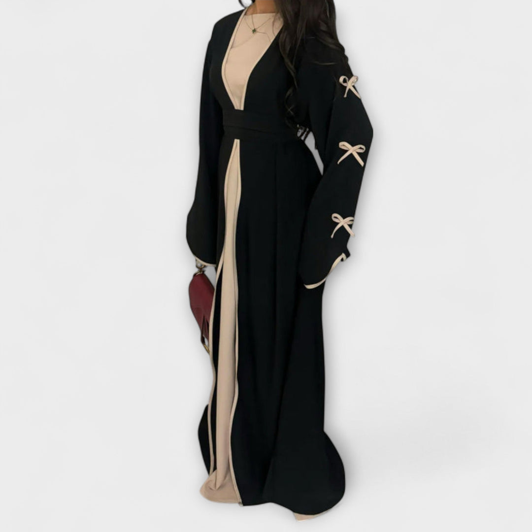 Jasmin - Beiges Cardigan-Kleid-Duo mit Schleife