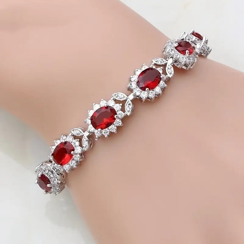 Silver Link Bracelet Gráinne with Ruby Flowers