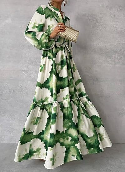Gabriela - Grün-weisses elegantes Langkleid