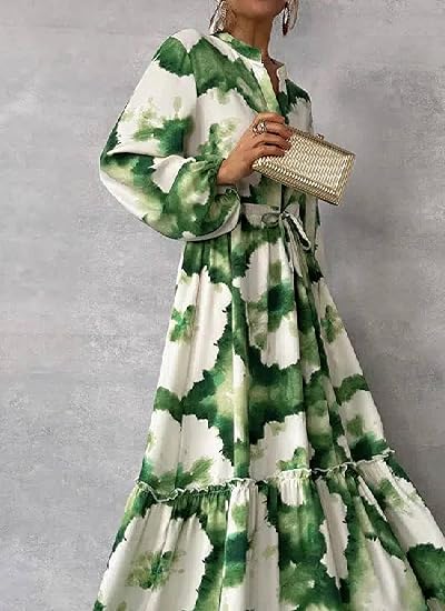 Gabriela - Grün-weisses elegantes Langkleid
