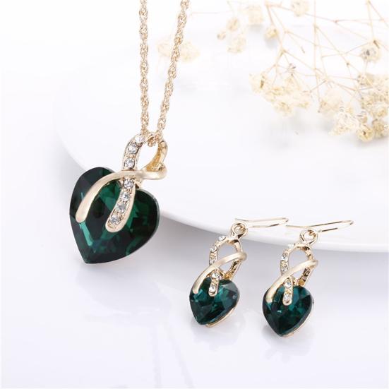 Gold Heart Necklace and Earrings Set with Emerald and Zirconia