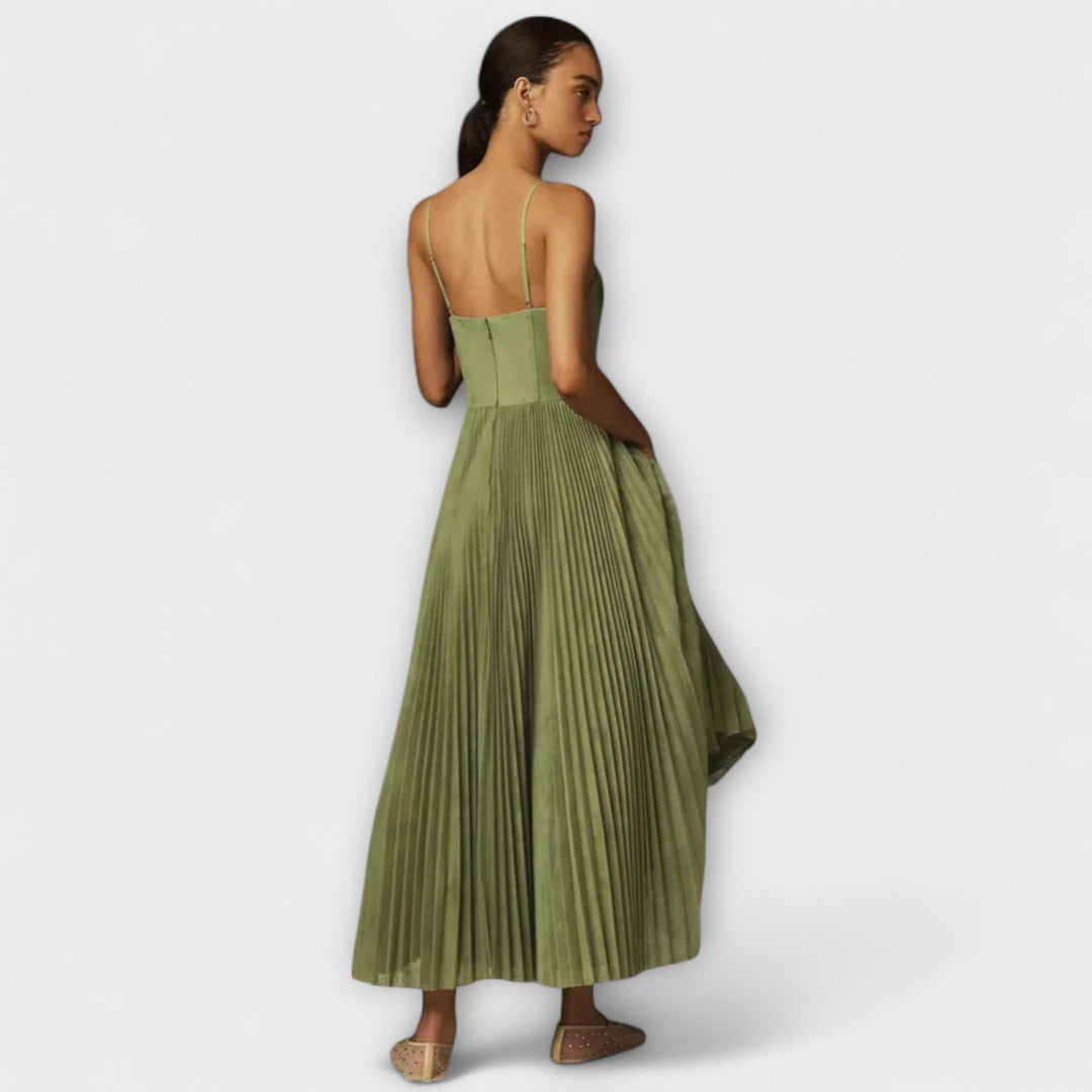 Marilyn - Olivgrünes Midikleid mit Bustier und Plissee