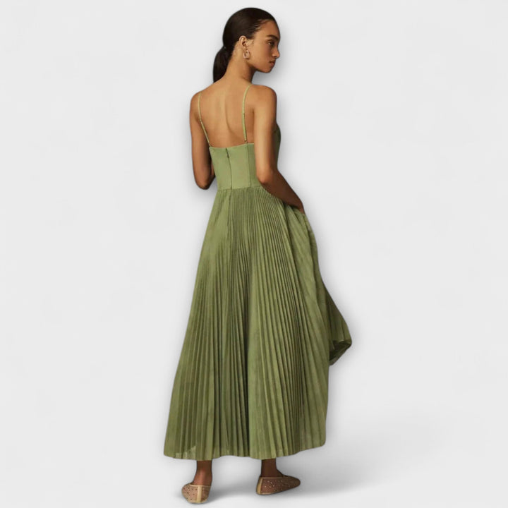 Marilyn - Olivgrünes Midikleid mit Bustier und Plissee