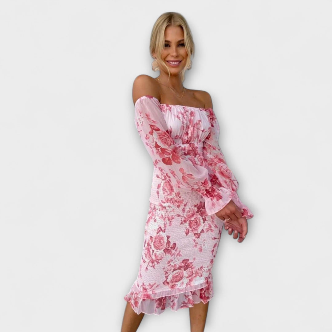 Dahlia - Rosa Off-Shoulder-Midikleid mit Blütenmuster