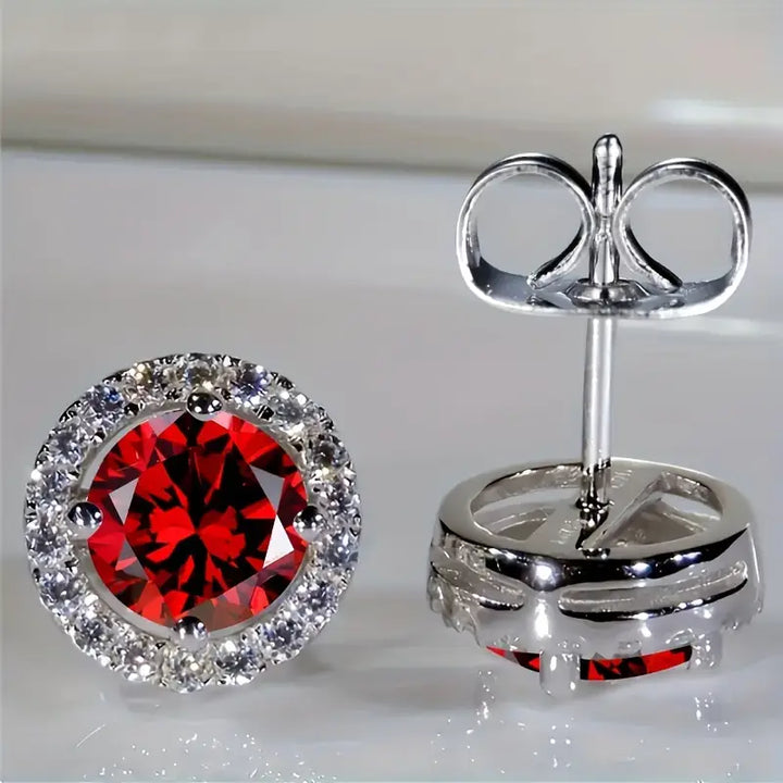 Silver Stud Earrings Deirdre with Ruby Halo